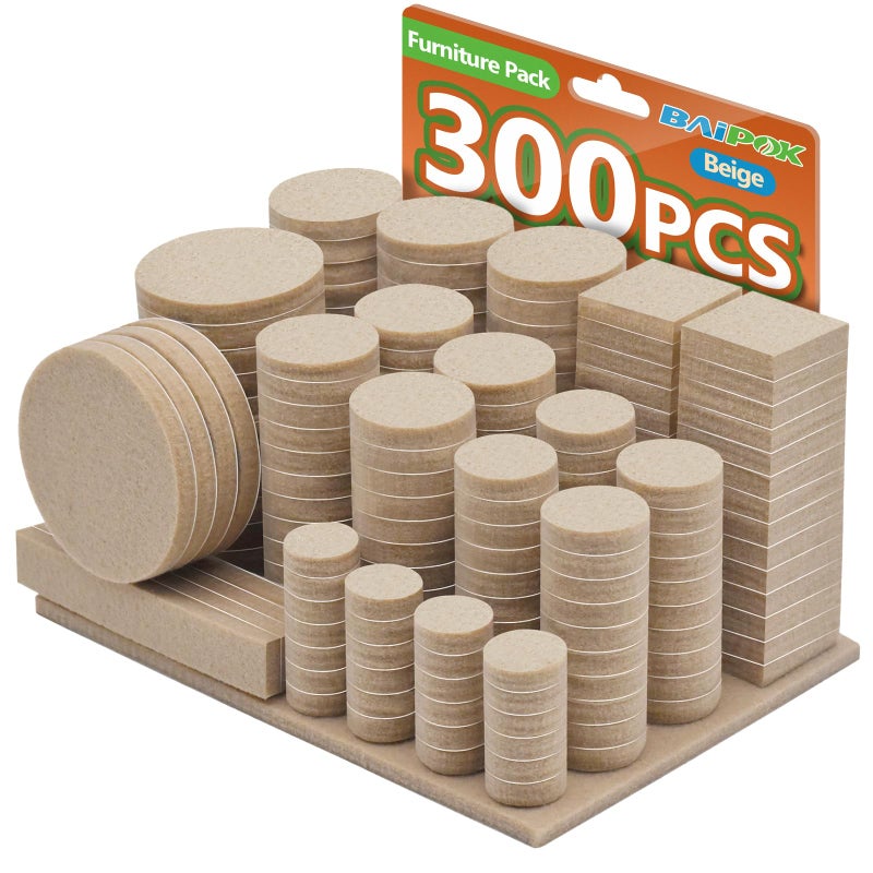 BAIPOK Furniture Pads 300 Pack Premium Furniture Felt Pads (Beige), Huge Quantity Self Adhesive Anti Scratch Floor Protector for Furniture Legs Hardwood with 60 Cabinet Door Bumpers - Image 1
